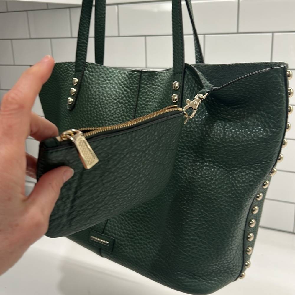 Rebecca Minkoff Dark Green Unlined Leather Tote Bag.